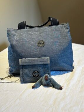 Kipling Vintage Blue Nylon Tote & Matching Wallet Set with "Michela" Monkey